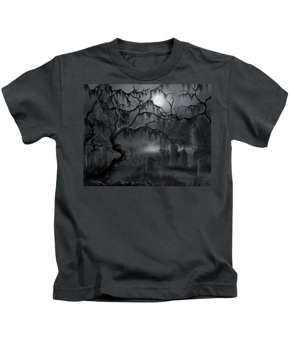 Landscape Kids T-Shirt featuring the painting Midnight in the Graveyard by James Hill
