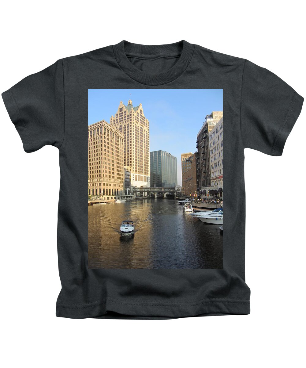 Milwaukee Kids T-Shirt featuring the photograph Milwaukee River Theater District 3 by Anita Burgermeister