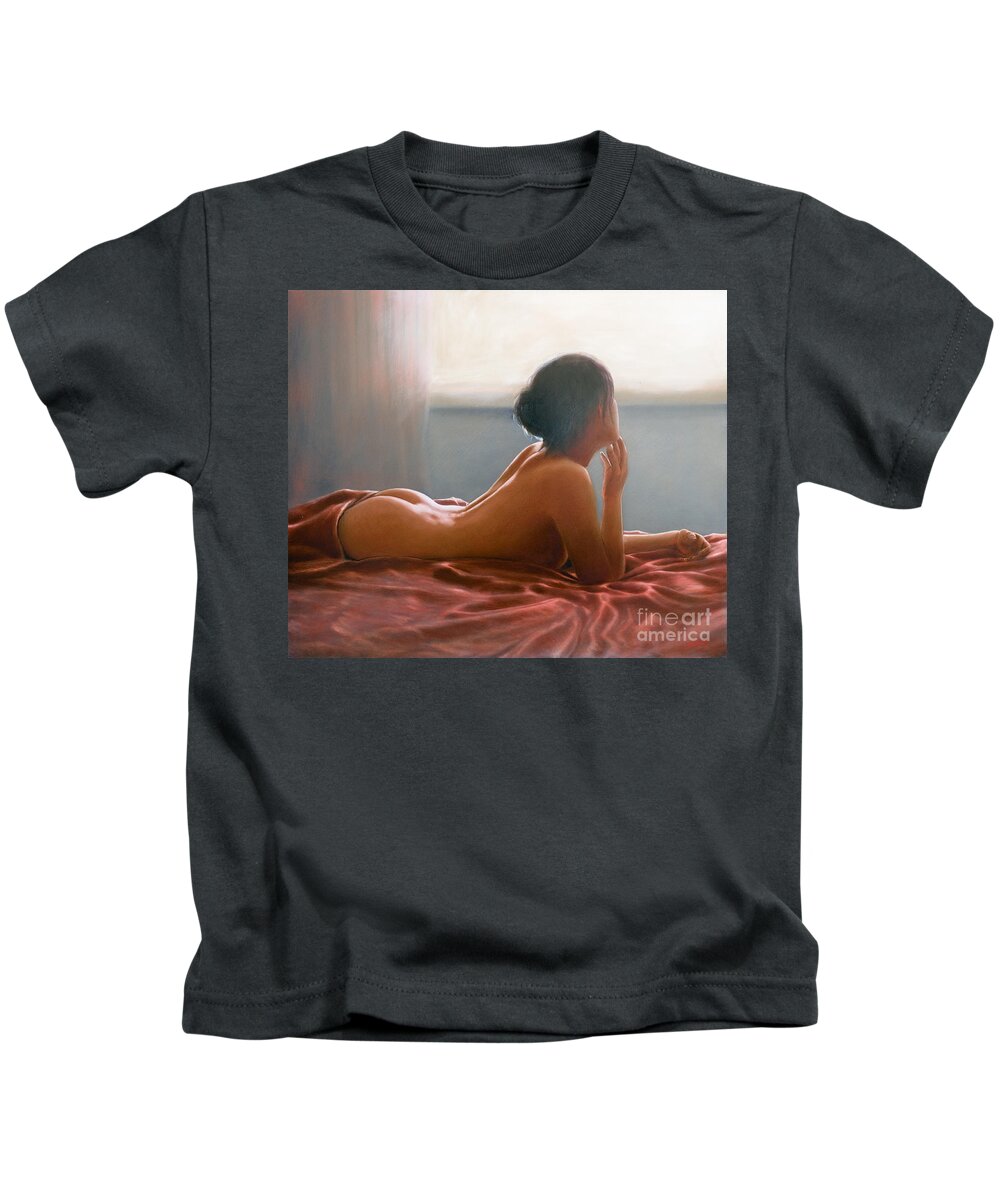 Nude Erotic Art Oil Painting Acrylic Charcoal Pastel Chalk Female Sensual Sexy Bondage Rope Legs Breasts Naked Bottom Lingerie Corset Bra Knickers Pants Stockings Sex Sexy Kids T-Shirt featuring the painting Morning light by John Silver