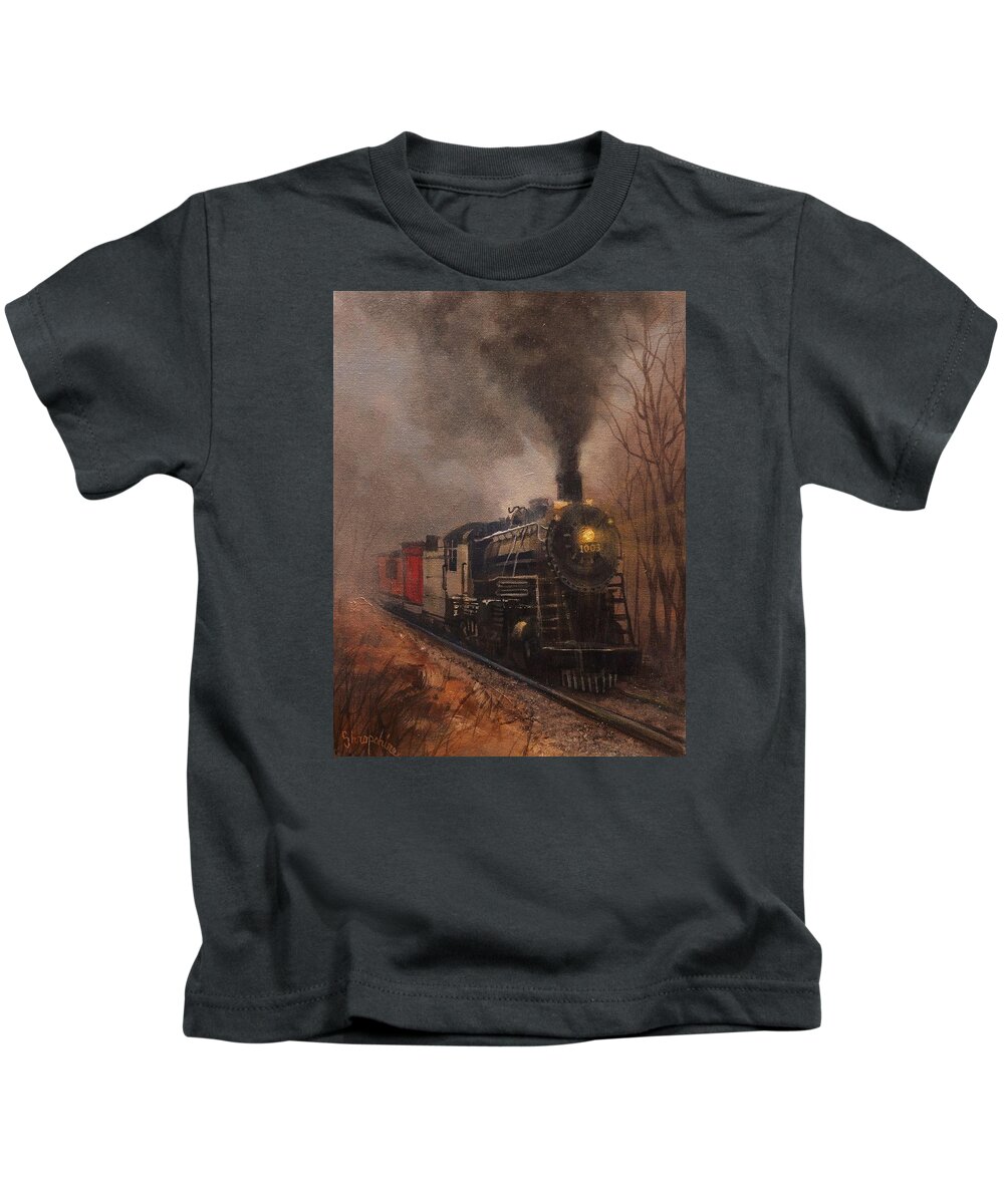 Landscape Kids T-Shirt featuring the painting Morning Mist Soo Line 1003 by Tom Shropshire