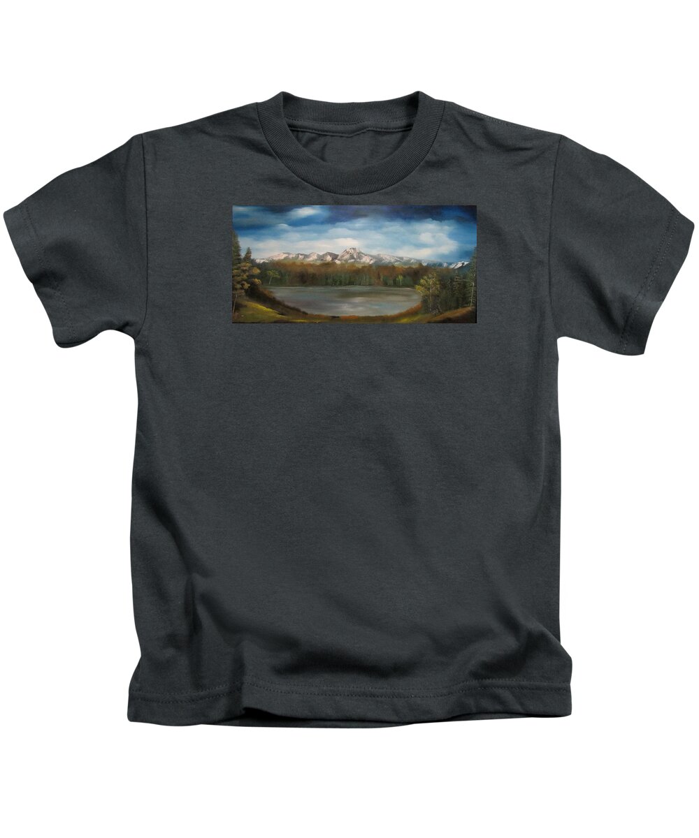Mountains Kids T-Shirt featuring the painting Mountain lake by Dawn Nickel