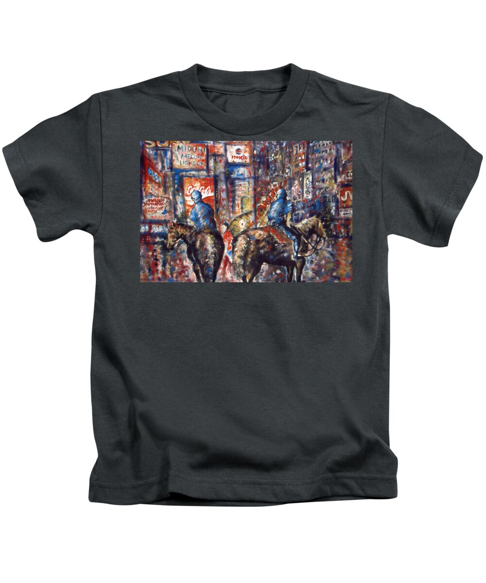 New+york Kids T-Shirt featuring the painting New York Broadway at Night - Oil On Canvas Painting by Peter Potter
