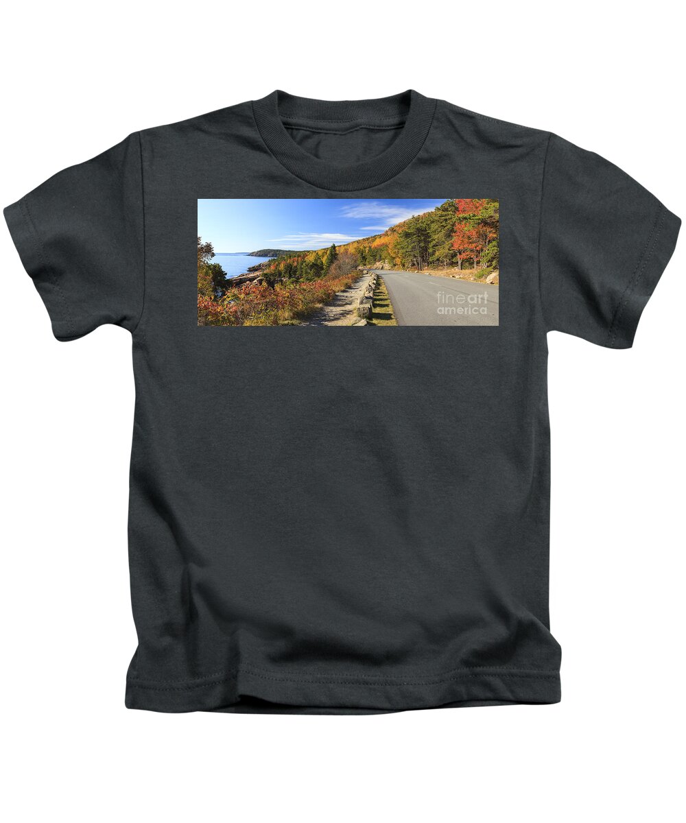 Otter Cliff Kids T-Shirt featuring the photograph Ocean Drive road panorama Acadia National Park by Ken Brown