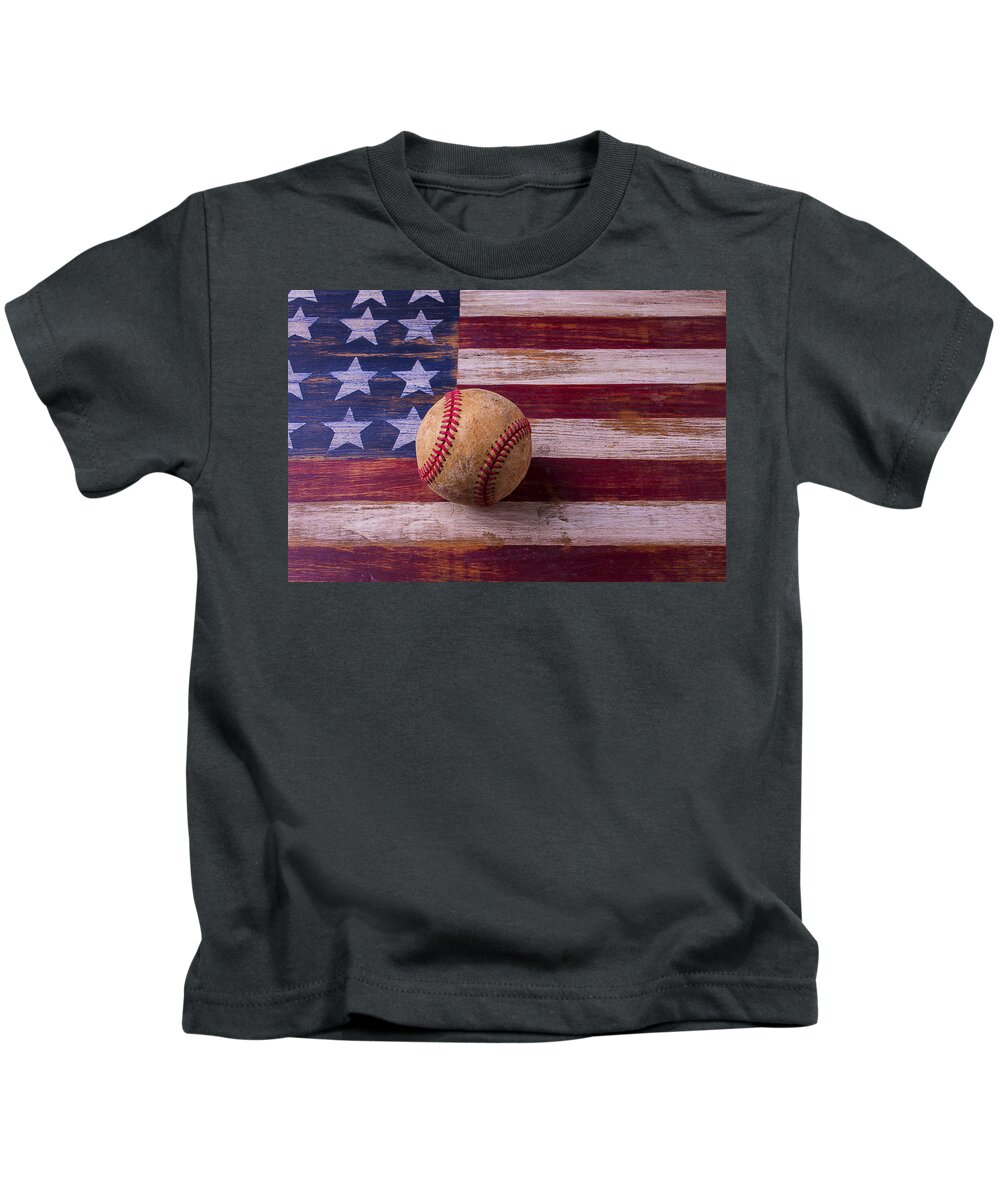 American Kids T-Shirt featuring the photograph Old Baseball On American Flag by Garry Gay