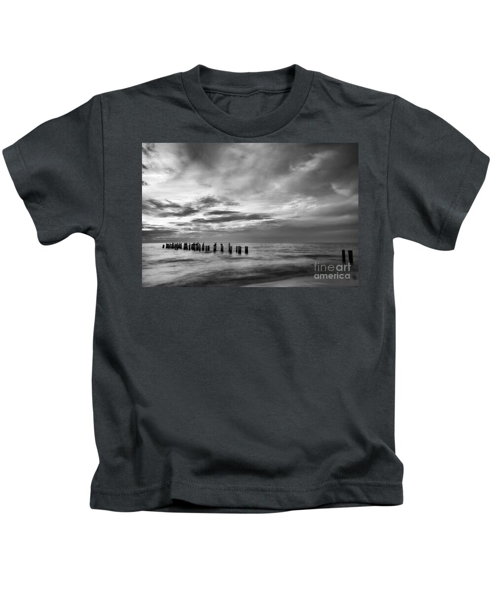 Old Naples Pier Kids T-Shirt featuring the photograph Old Naples pier in black and white by Paul Quinn