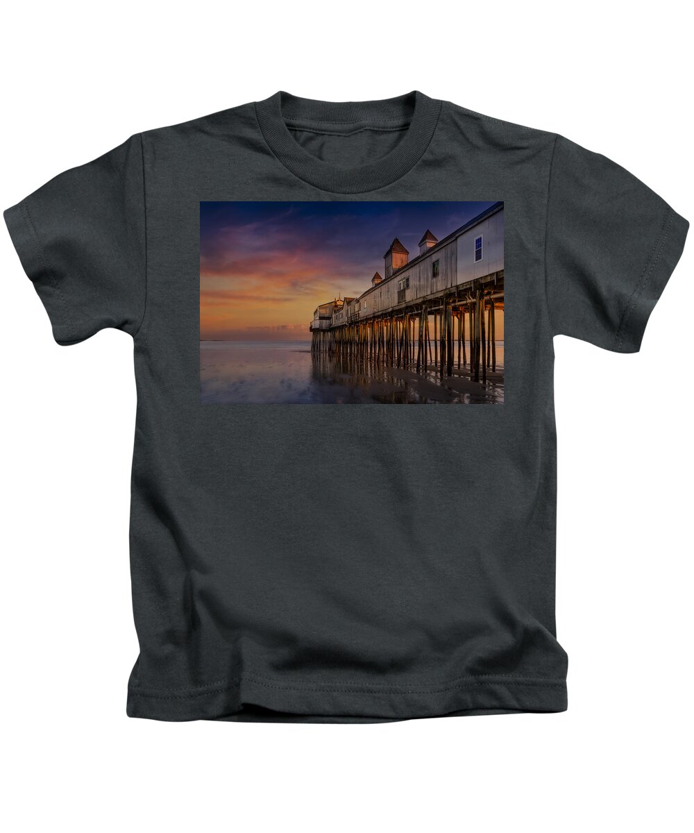 Old Orchard Beach Kids T-Shirt featuring the photograph Old Orchard Beach Pier Sunset by Susan Candelario