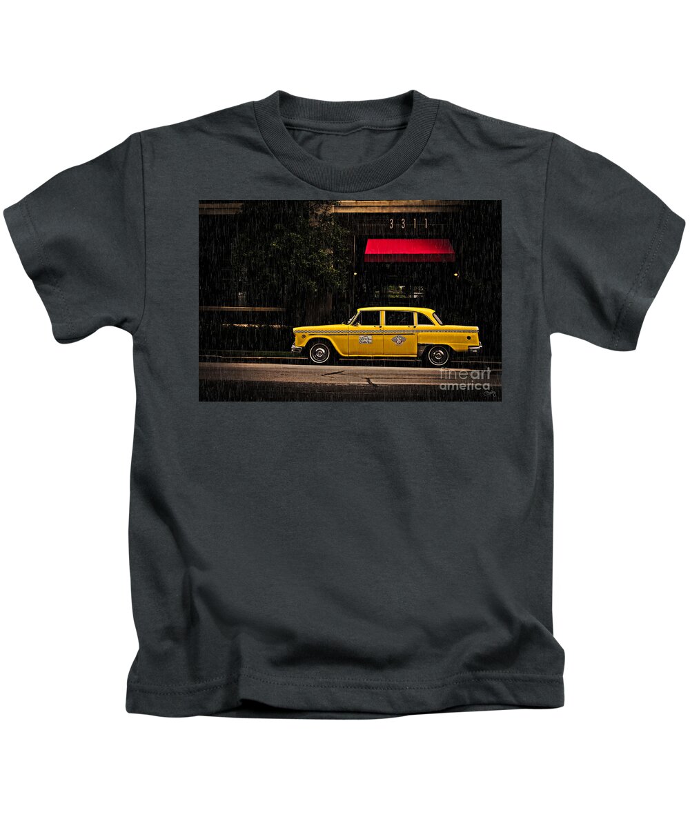 Yellow Cab In Rain Kids T-Shirt featuring the photograph Old Yellow Cab in Rain by Imagery by Charly