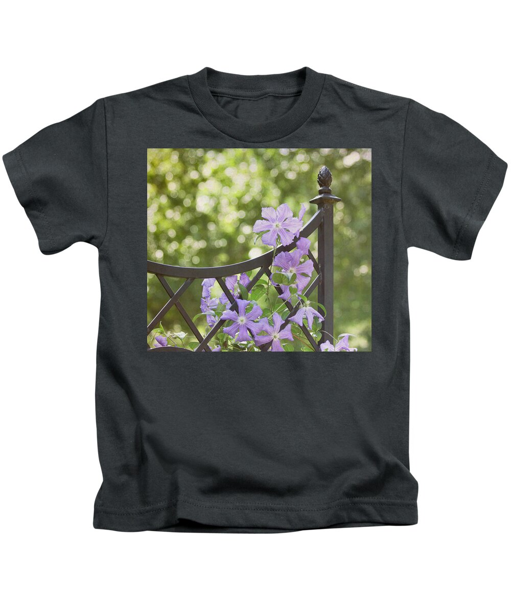 Purple Flower Kids T-Shirt featuring the photograph On The Fence by Kim Hojnacki