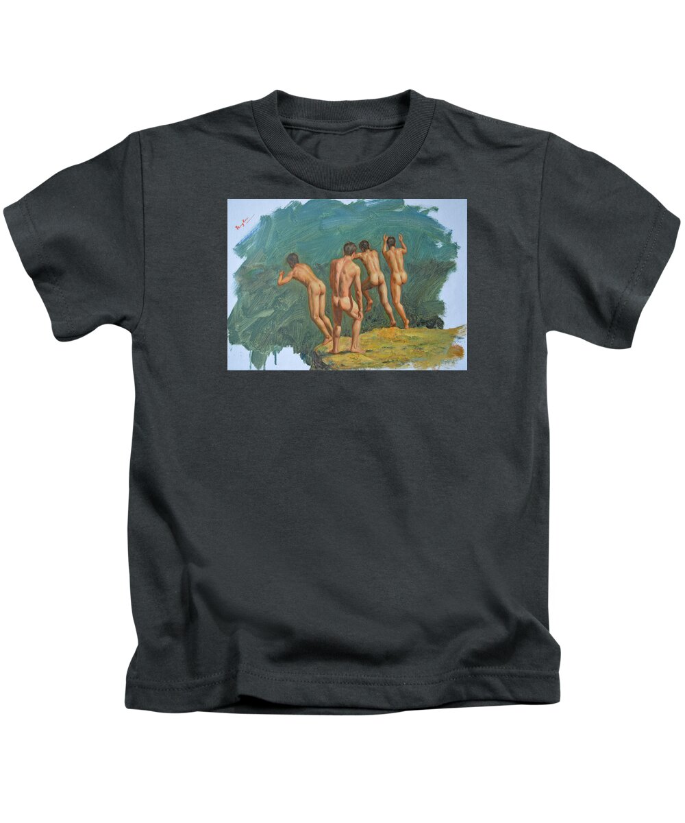 Original Kids T-Shirt featuring the painting Original Impression Oil Painting Man Body Art Male Nude-045 by Hongtao Huang
