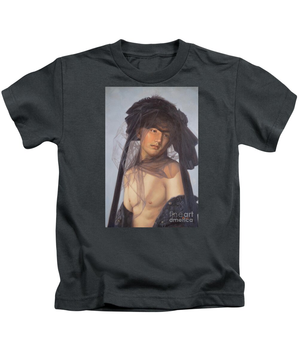 Original. Art Kids T-Shirt featuring the painting Original Oil Painting Man Body Art- Male Nude-053 by Hongtao Huang