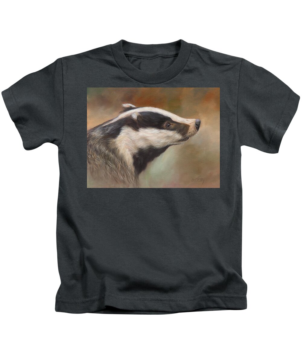 Badger Kids T-Shirt featuring the painting Our Friend The Badger by David Stribbling