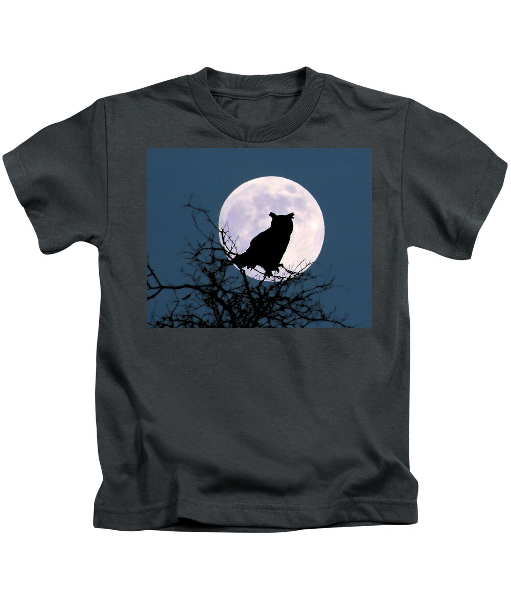Nature Kids T-Shirt featuring the photograph Owl and Blue Moon by Peggy Urban