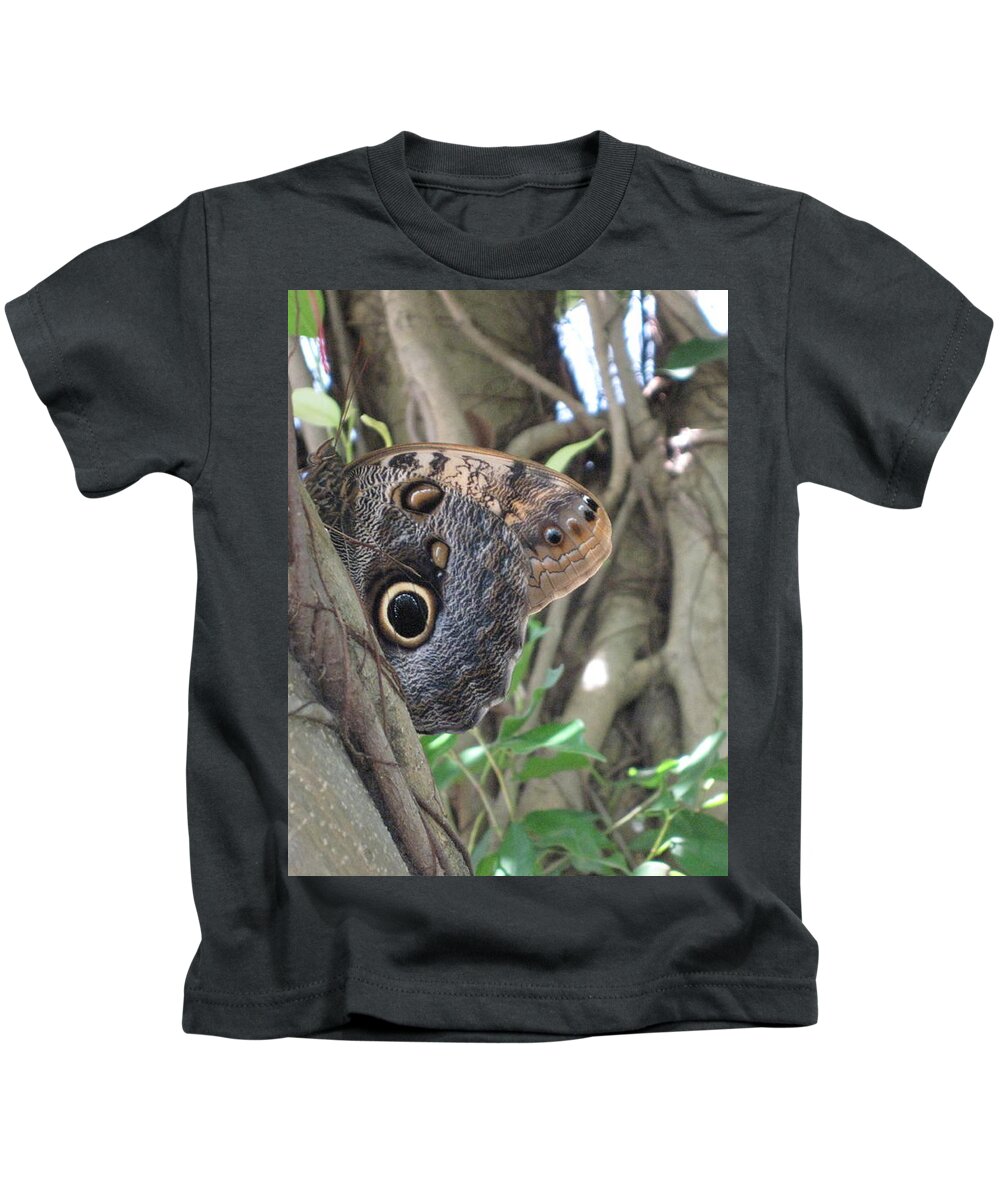 Owl Butterfly In Hiding. Hevi Fineart Kids T-Shirt featuring the photograph Owl Butterfly in Hiding by HEVi FineArt