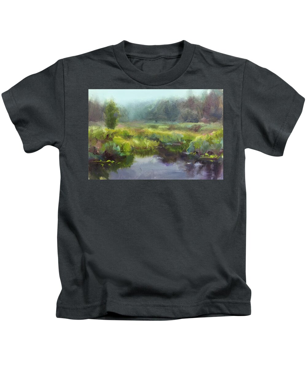 Landscape Kids T-Shirt featuring the painting Peaceful Waters Impressionistic Landscape by K Whitworth