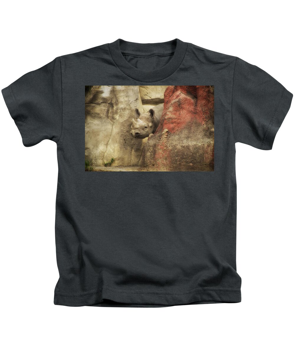 Animals Kids T-Shirt featuring the photograph Peek A Boo Rhino by Thomas Woolworth