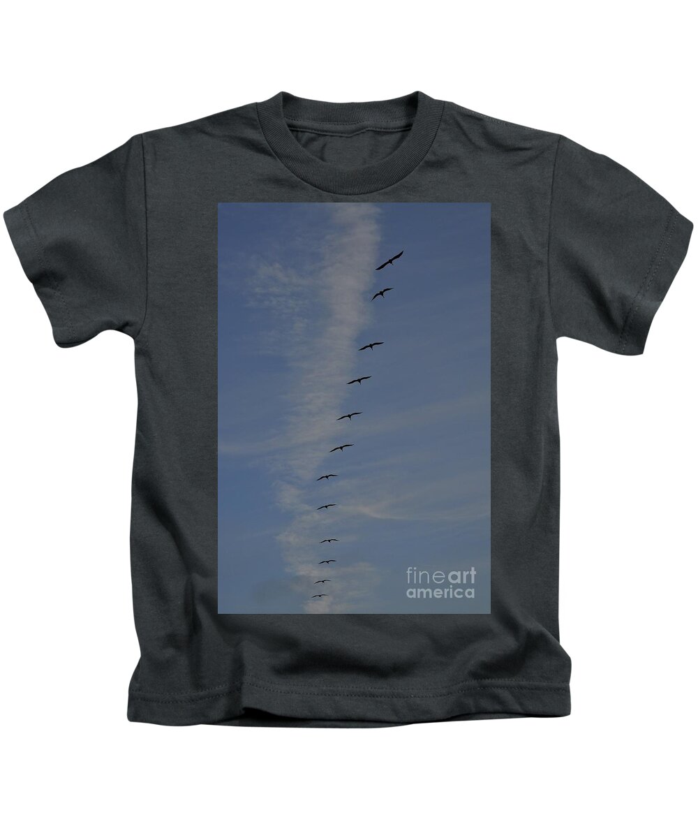 Pelican Kids T-Shirt featuring the photograph Pelican Line by Bridgette Gomes