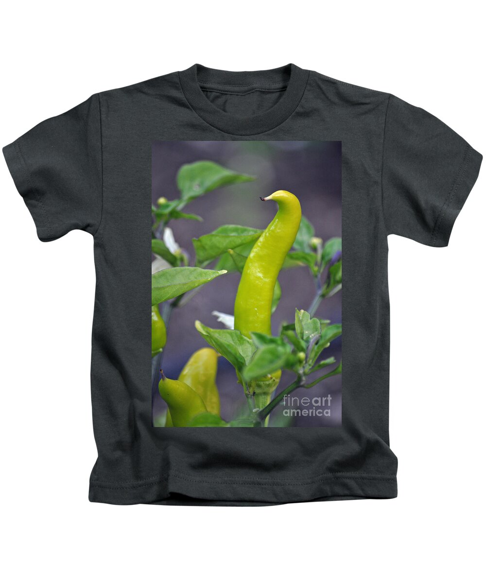 Pepper Banana Yellow Sweet Vegetable Garden Food Green Spicy Seed Cute Humor Funny Shape Personality Gwyn Newcombe Kids T-Shirt featuring the photograph Pepper Personality by Gwyn Newcombe