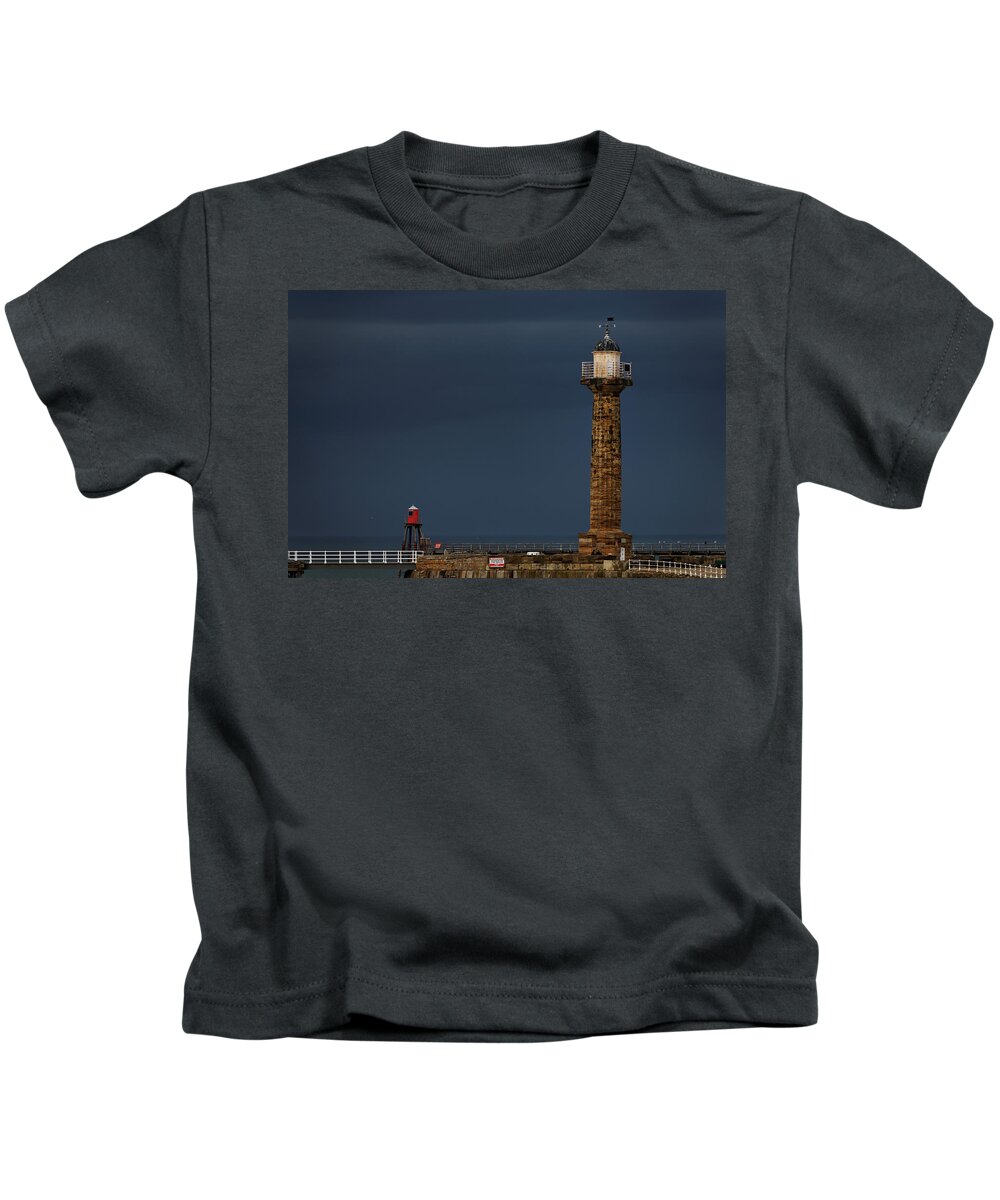 Britain Kids T-Shirt featuring the photograph Pier Lighthouse and Beacon - Whitby by Rod Johnson