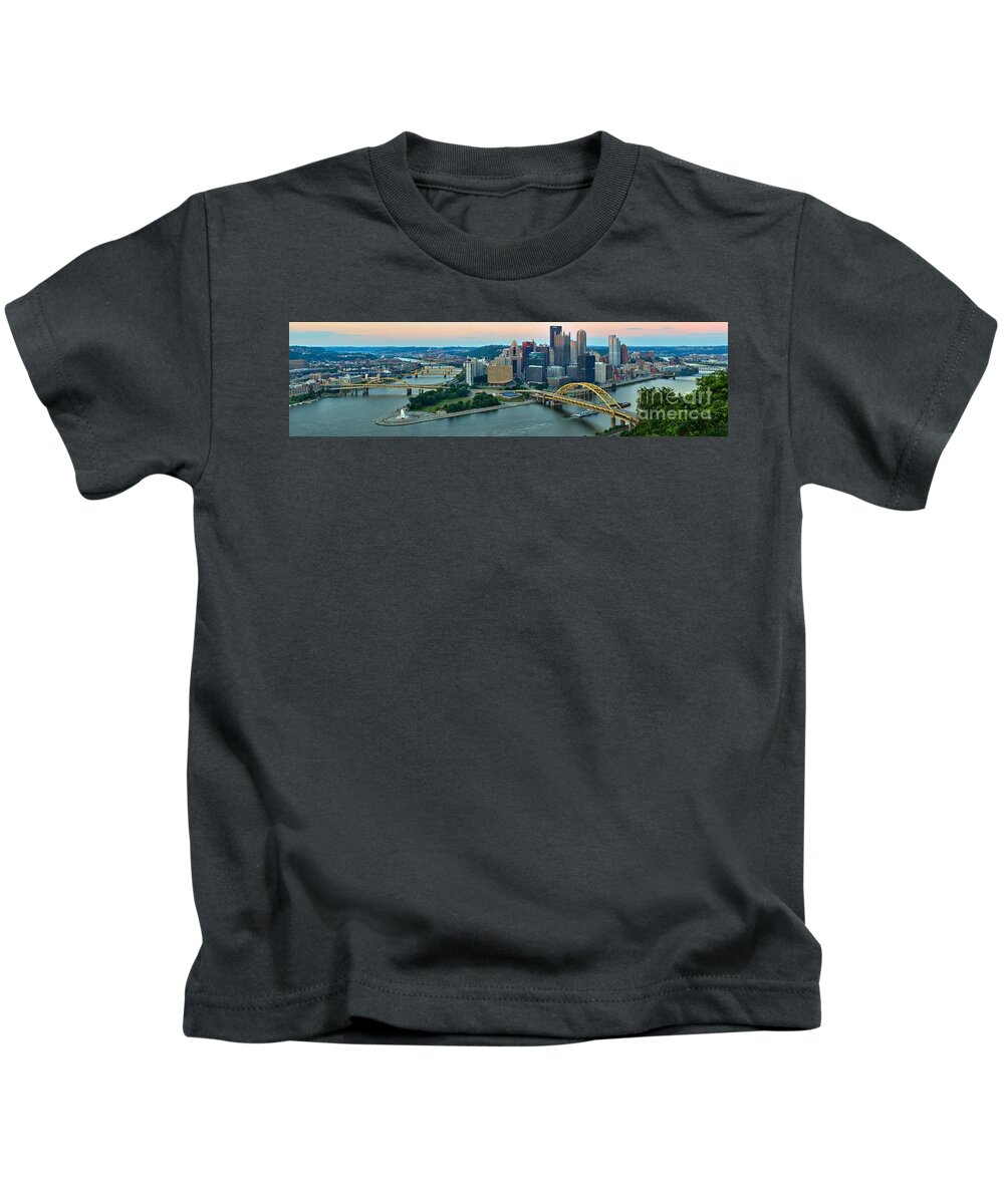 Pittsburgh Skyline Kids T-Shirt featuring the photograph Pittsburgh Panorama At Dusk by Adam Jewell