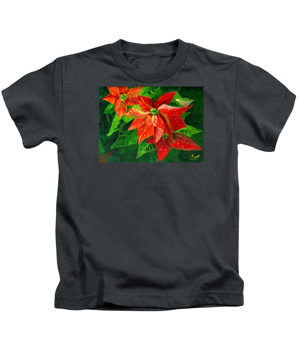 Poinsettia Kids T-Shirt featuring the painting Poinsettia by Sarabjit Singh