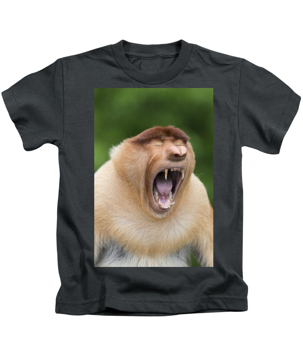 Suzi Eszterhas Kids T-Shirt featuring the photograph Proboscis Monkey Dominant Male Yawning by Suzi Eszterhas