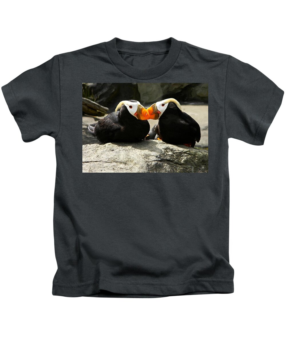 Puffins Kids T-Shirt featuring the digital art Puffin Friends 2 by Gary Olsen-Hasek