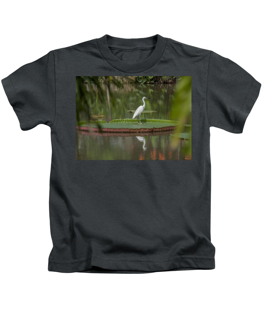 Nature Kids T-Shirt featuring the photograph Queen Victoria Water Lily Pad with Little Egret DTHB1618 by Gerry Gantt