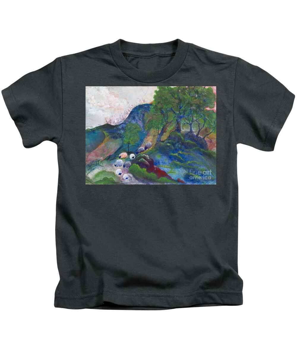 Sheep Kids T-Shirt featuring the painting Quiller's Sheep by Ginny Neece