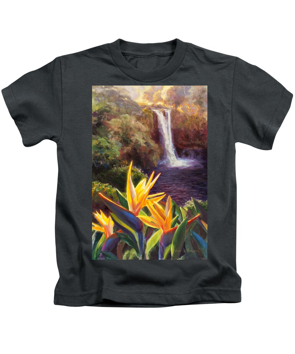 Art Kids T-Shirt featuring the painting Rainbow Falls Big Island Hawaii Waterfall by K Whitworth