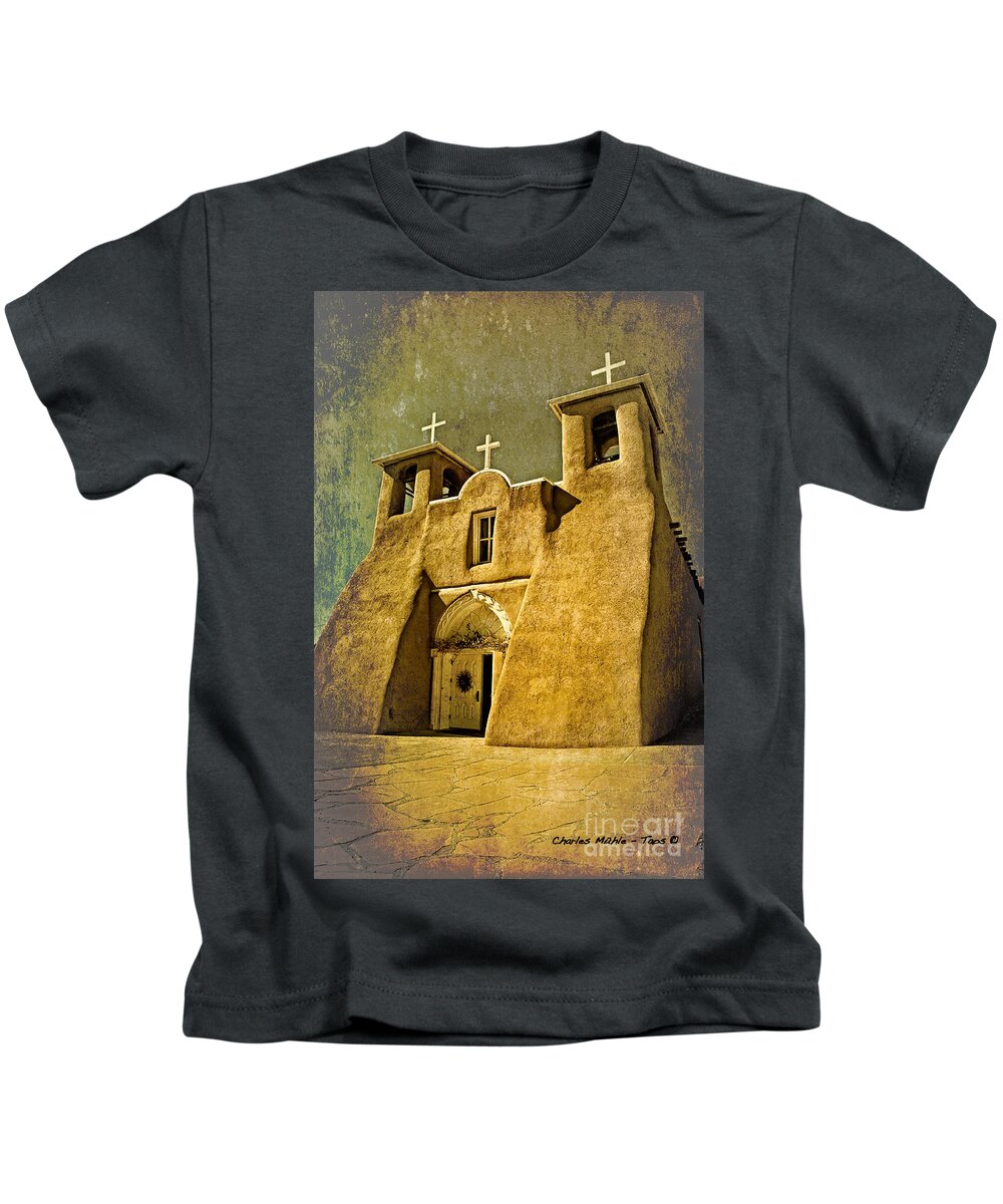 Santa Kids T-Shirt featuring the mixed media Ranchos church in old gold by Charles Muhle