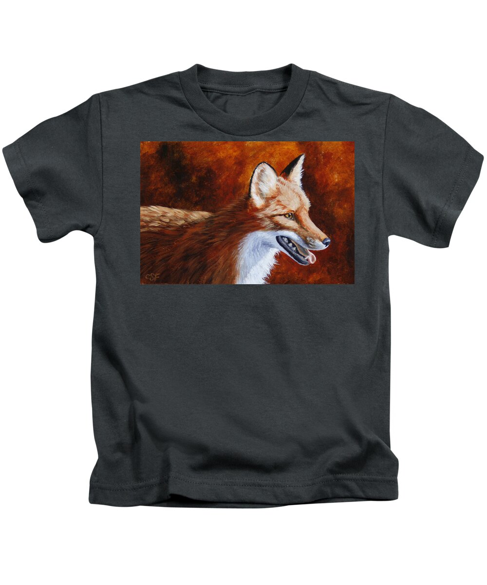Fox Kids T-Shirt featuring the painting Red Fox - A Warm Day by Crista Forest