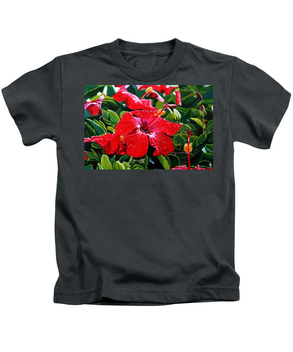 Red Hibiscus Kids T-Shirt featuring the painting Red Hibiscus by Marionette Taboniar