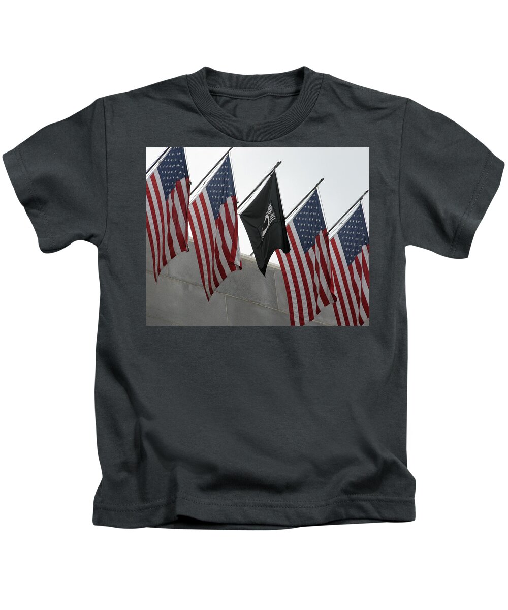 Red White And Blue Kids T-Shirt featuring the photograph Red White and Blue, and Black -- POW-MIA Flag at City Hall at Los Angeles, California by Darin Volpe