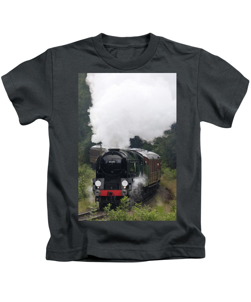 Steam Engine Kids T-Shirt featuring the photograph Restored steam engine 34053 by Tony Mills