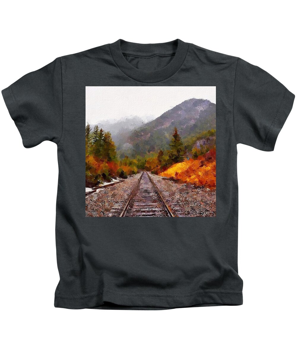 Canadian Rockies Kids T-Shirt featuring the painting Rocky Mountaineer by Chris Butler