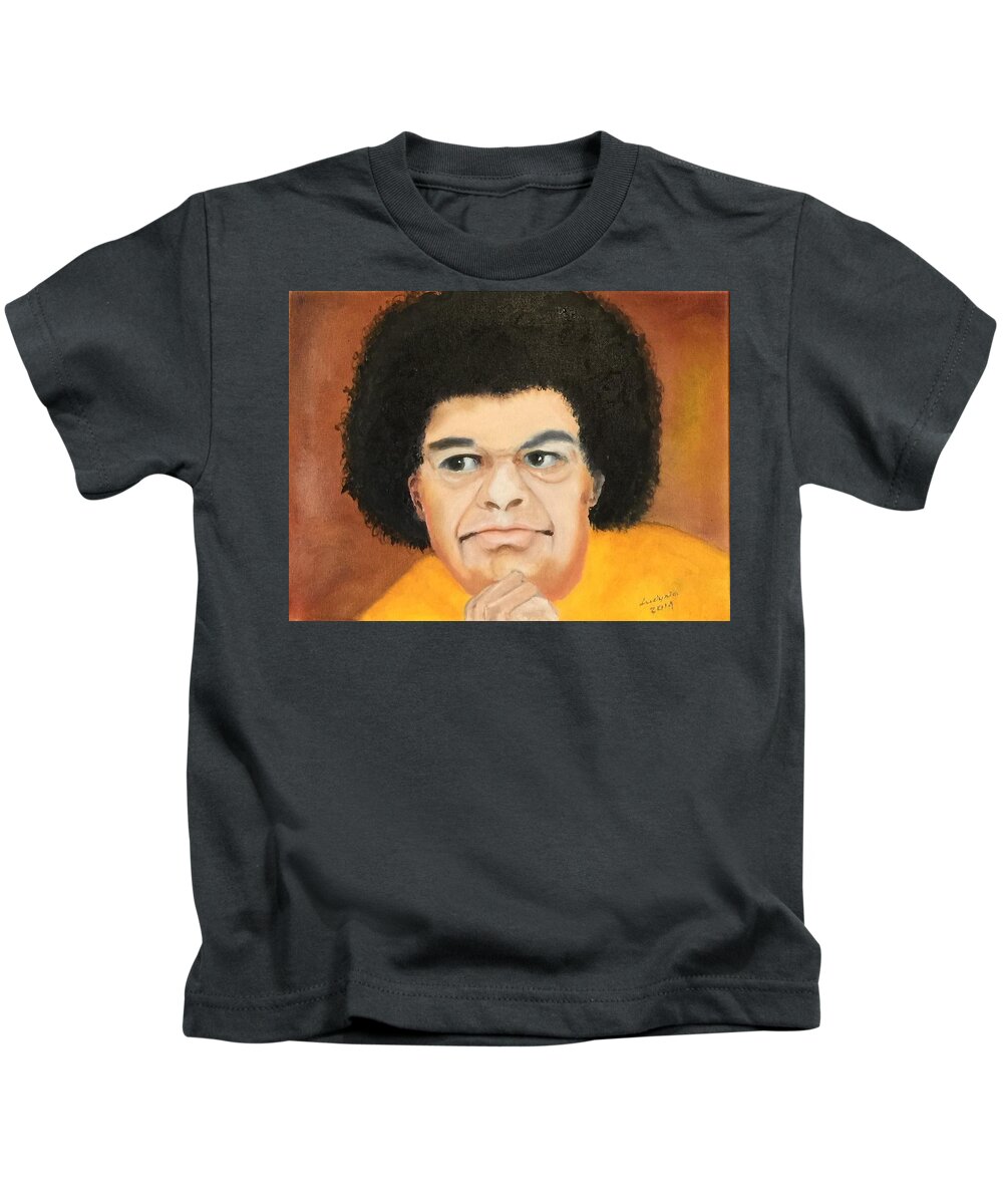Art Kids T-Shirt featuring the painting Sai Baba by Ryszard Ludynia