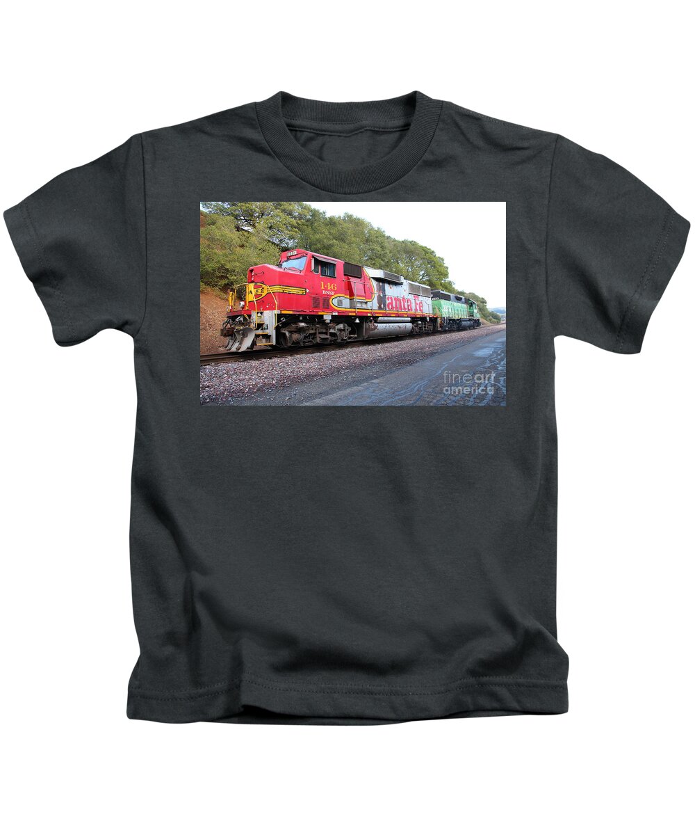 Transportation Kids T-Shirt featuring the photograph Santa Fe and Burlington Northern BNSF Locomotives at Fernandez Ranch California - 5D21154 by Wingsdomain Art and Photography
