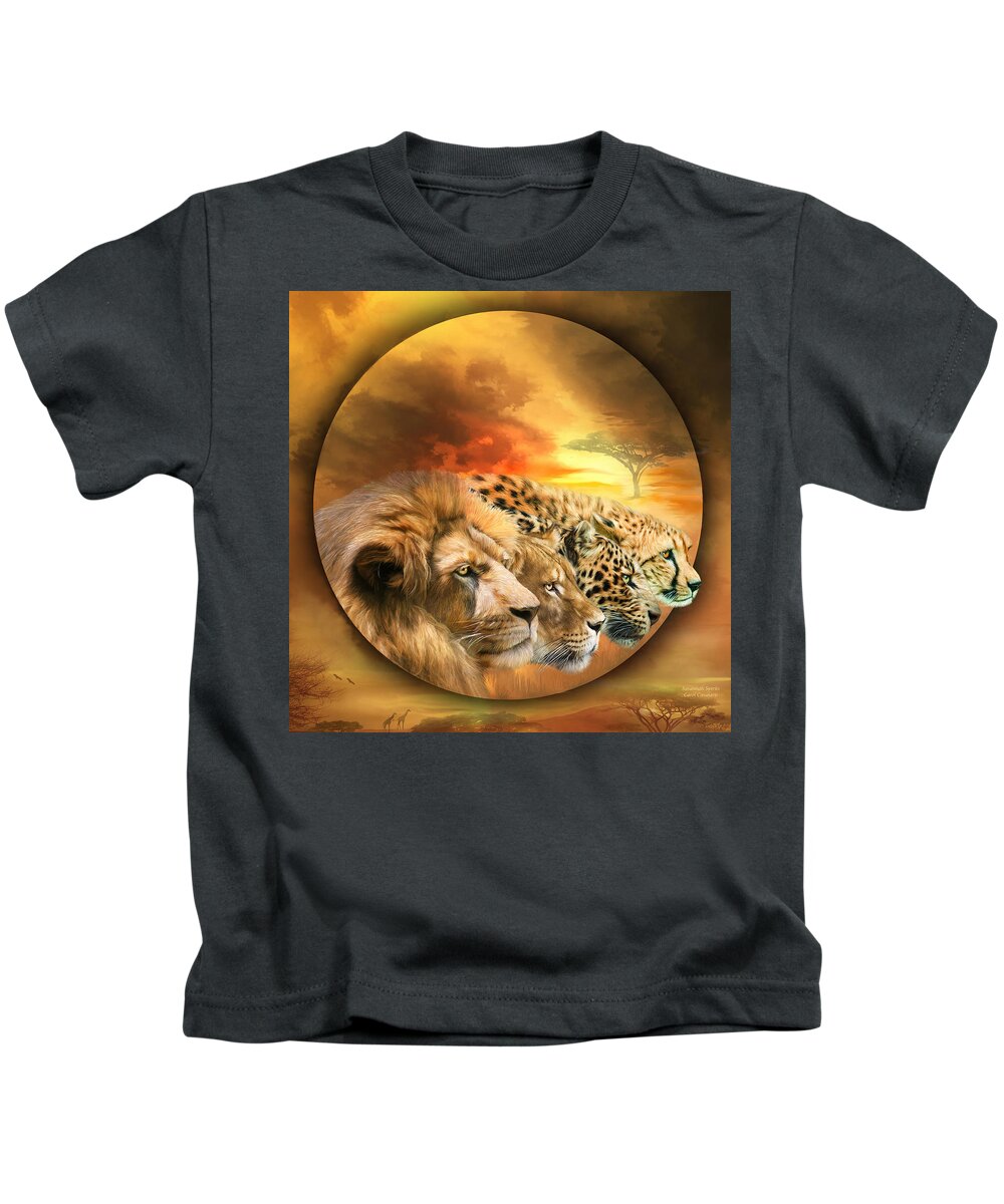 Big Cat Kids T-Shirt featuring the mixed media Savannah Spirits by Carol Cavalaris