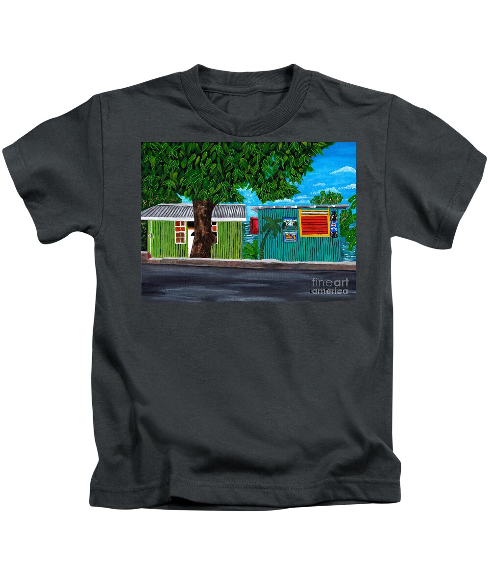 Caribbean Houses Kids T-Shirt featuring the painting Sea-view Cafe by Laura Forde
