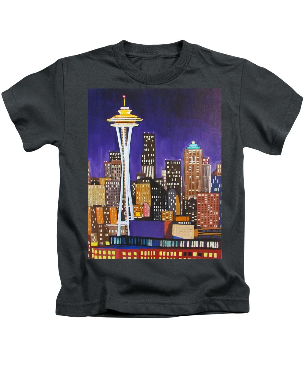 Seattle Kids T-Shirt featuring the painting Seattle Skyline by Kevin Hughes
