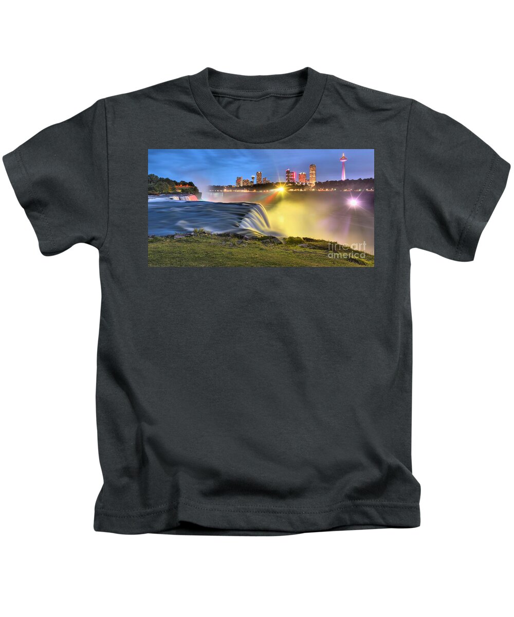 Niagara Falls Kids T-Shirt featuring the photograph Silky Niagara Falls Panoramic Sunset by Adam Jewell