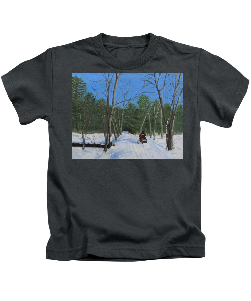 Landscape Kids T-Shirt featuring the painting Snowmobile on Trail by Linda Feinberg