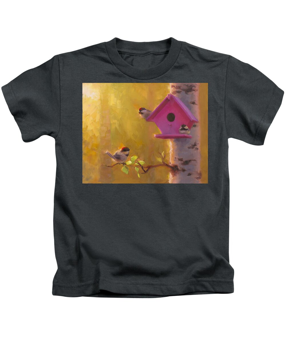 Chickadee Kids T-Shirt featuring the painting Spring Chickadees 1 - Birdhouse and Birch Forest by K Whitworth