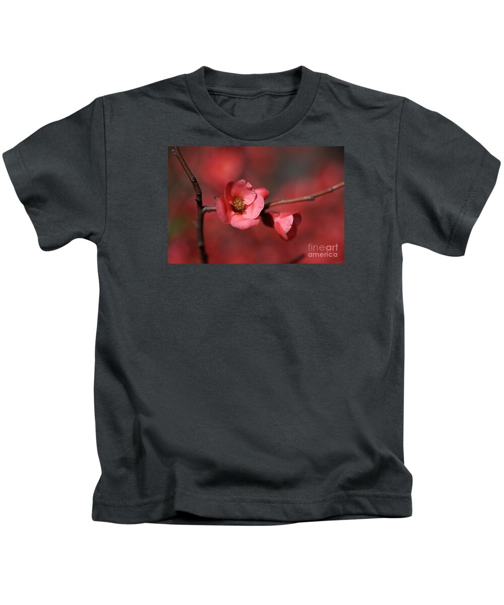 Red Kids T-Shirt featuring the photograph Spring Richness - Flowering Quince by Joy Watson
