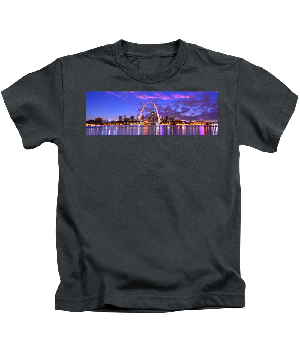 #faatoppicks Kids T-Shirt featuring the photograph St. Louis Skyline at Dusk Gateway Arch Color Panorama Missouri by Jon Holiday