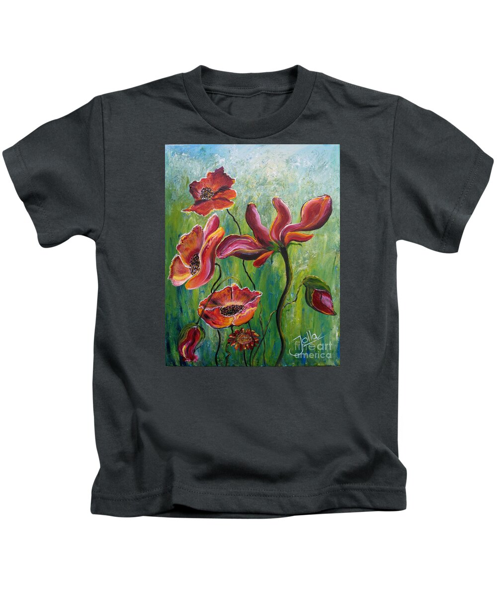 Poppies Kids T-Shirt featuring the painting Standing high by Jolanta Anna Karolska