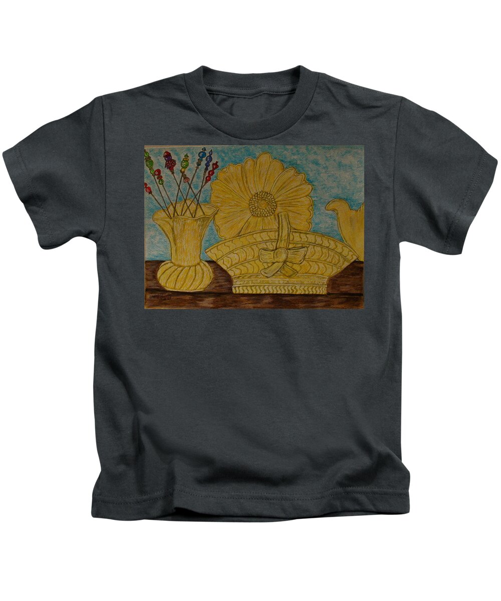 Stangl Pottery Kids T-Shirt featuring the painting Stangl Pottery Satin Yellow Pattern and Vintage Hat Pins by Kathy Marrs Chandler