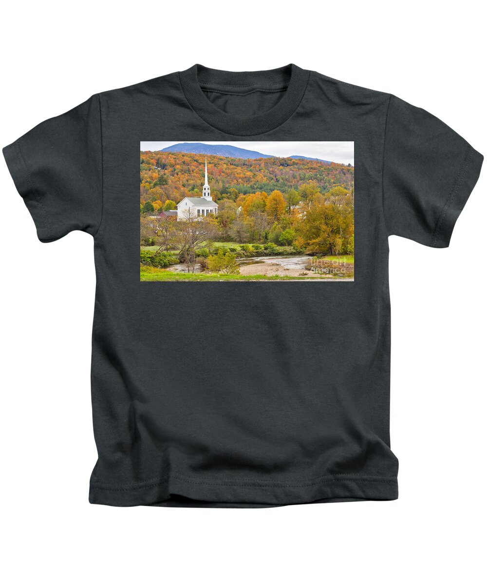 Stowe Kids T-Shirt featuring the photograph Stowe Vermont community church and Little River by Ken Brown