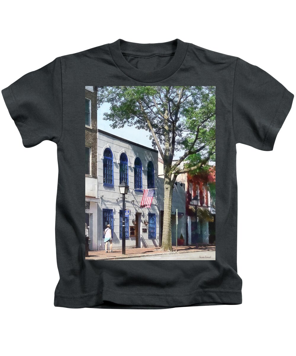 Alexandria Kids T-Shirt featuring the photograph Alexandria VA - Street With American Flag by Susan Savad