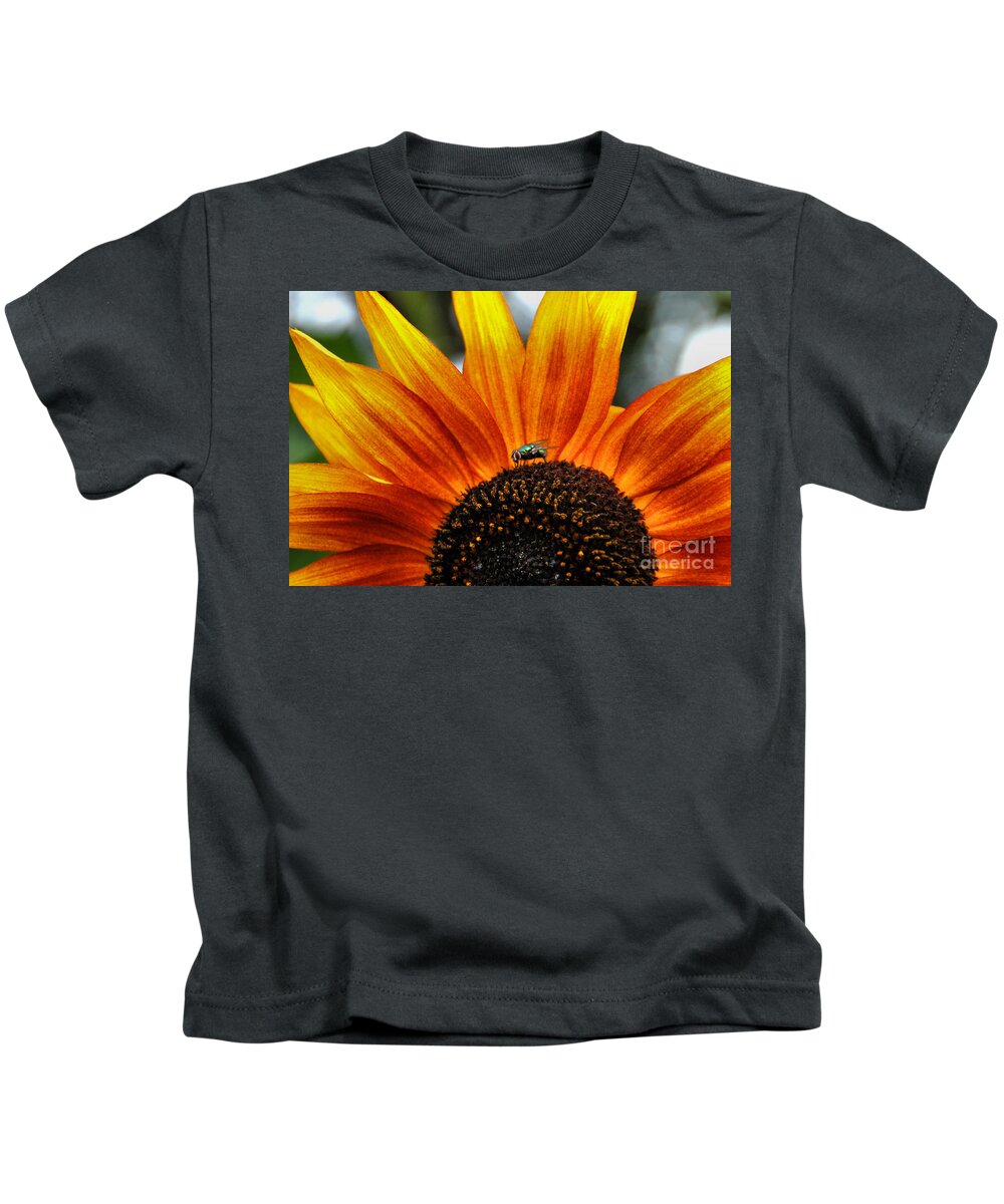 Sunflower Kids T-Shirt featuring the photograph Sunflower and Fly by Andrea Kollo
